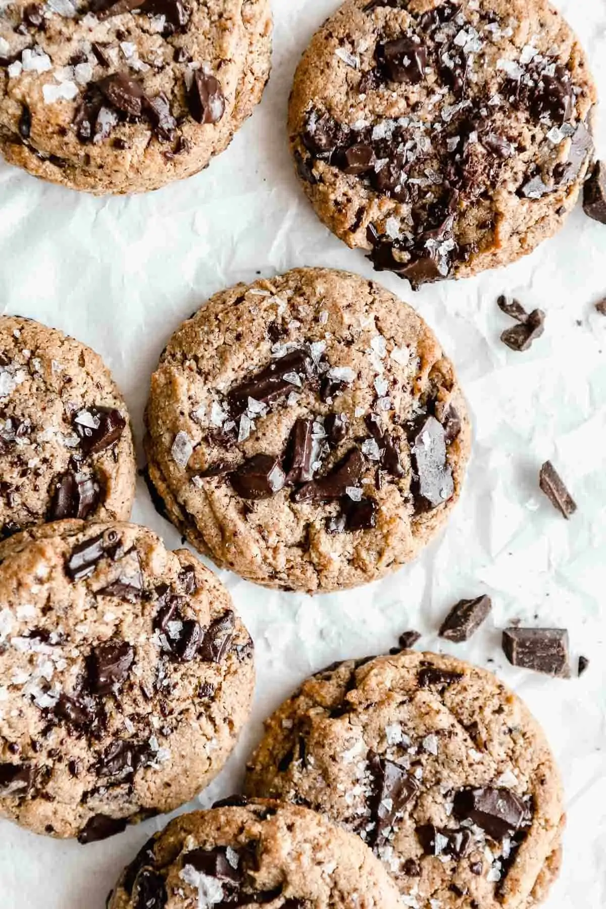 vegan protein cookies with chocolate chunks on parchment paper