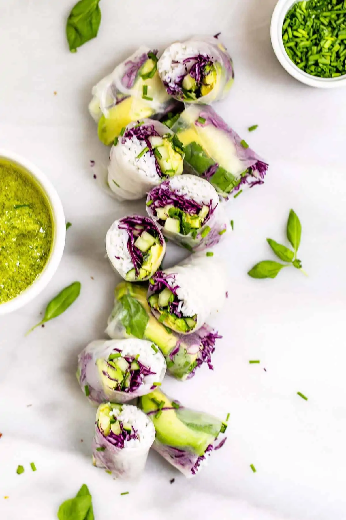 vegan summer rolls with vermicelli noodles and pesto