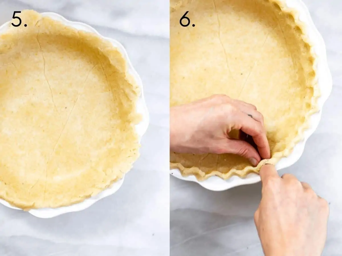Crimping the edges of the pie crust.