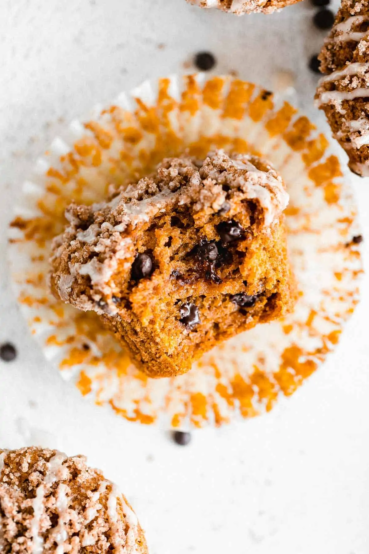 gluten free pumpkin muffins with chocolate chips and cinnamon streusel