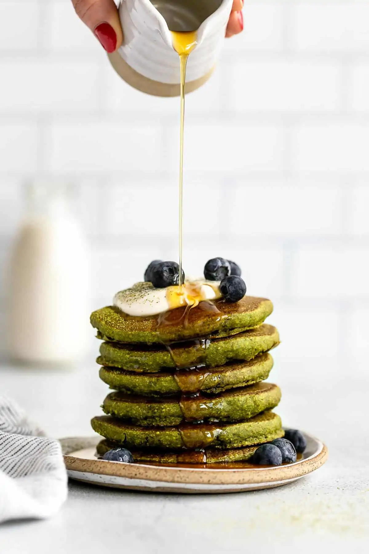 gluten free matcha pancakes with maple syrup