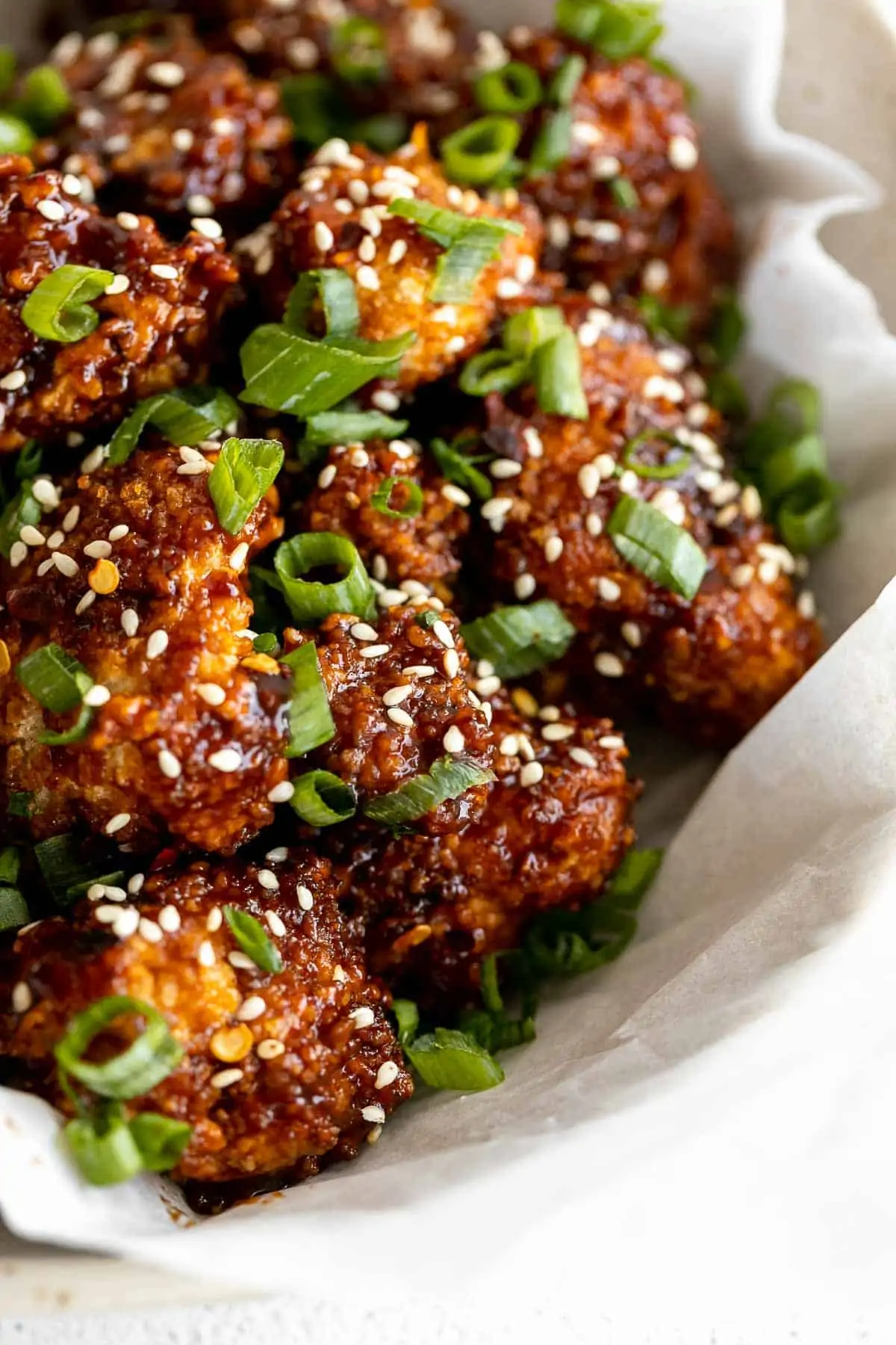 up close image of the cauliflower wings to show crispy texture