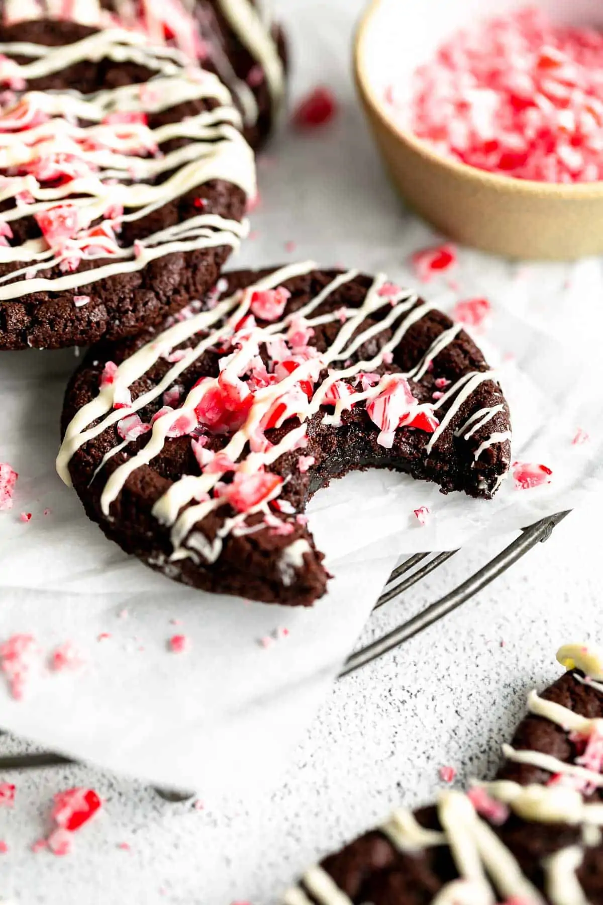 gluten free chocolate peppermint cookies with a bite taken out