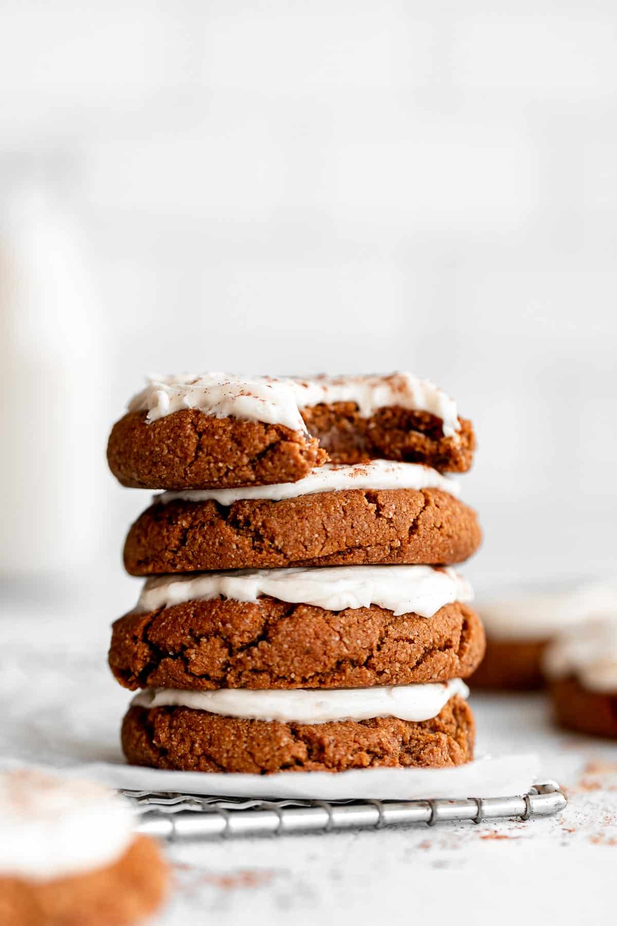 four vegan gingerbread cookies stacked on each other