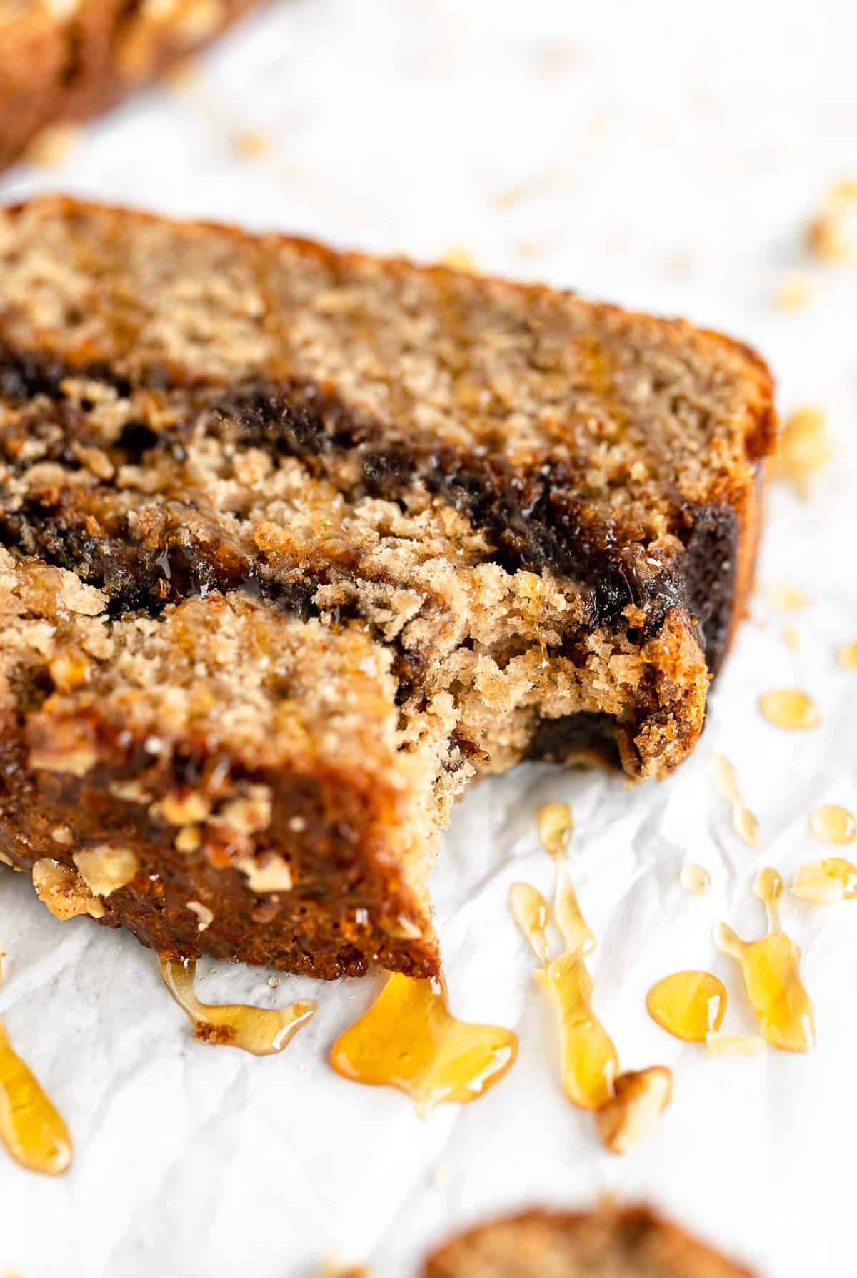 gluten free oat flour banana bread with honey on top