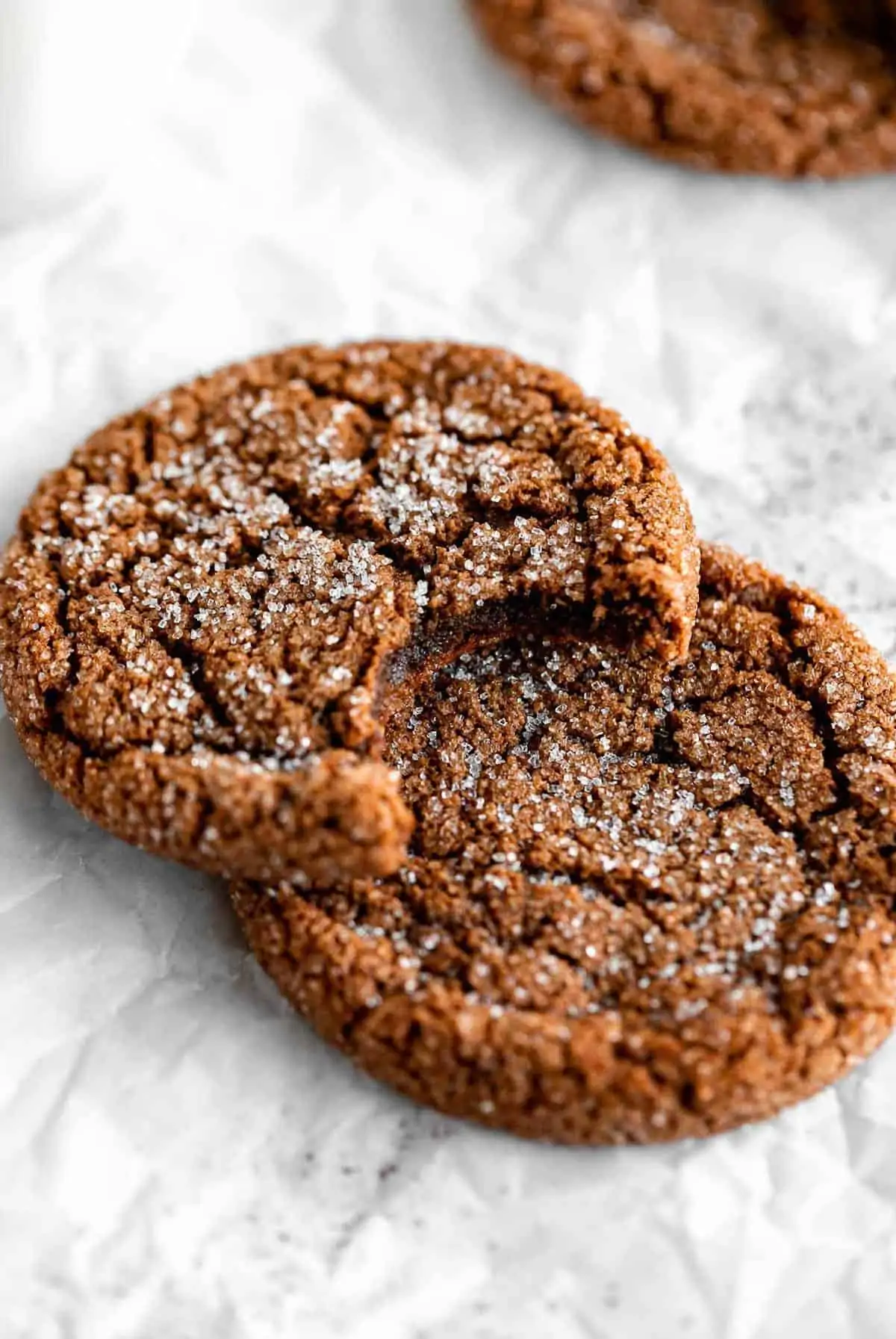 two molasses cookies with a bite taken out to show texture