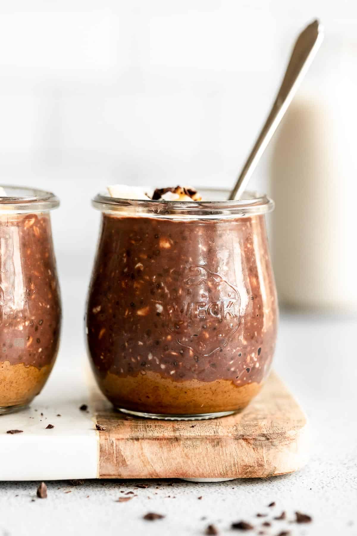 chocolate peanut butter overnight oats with banana on top