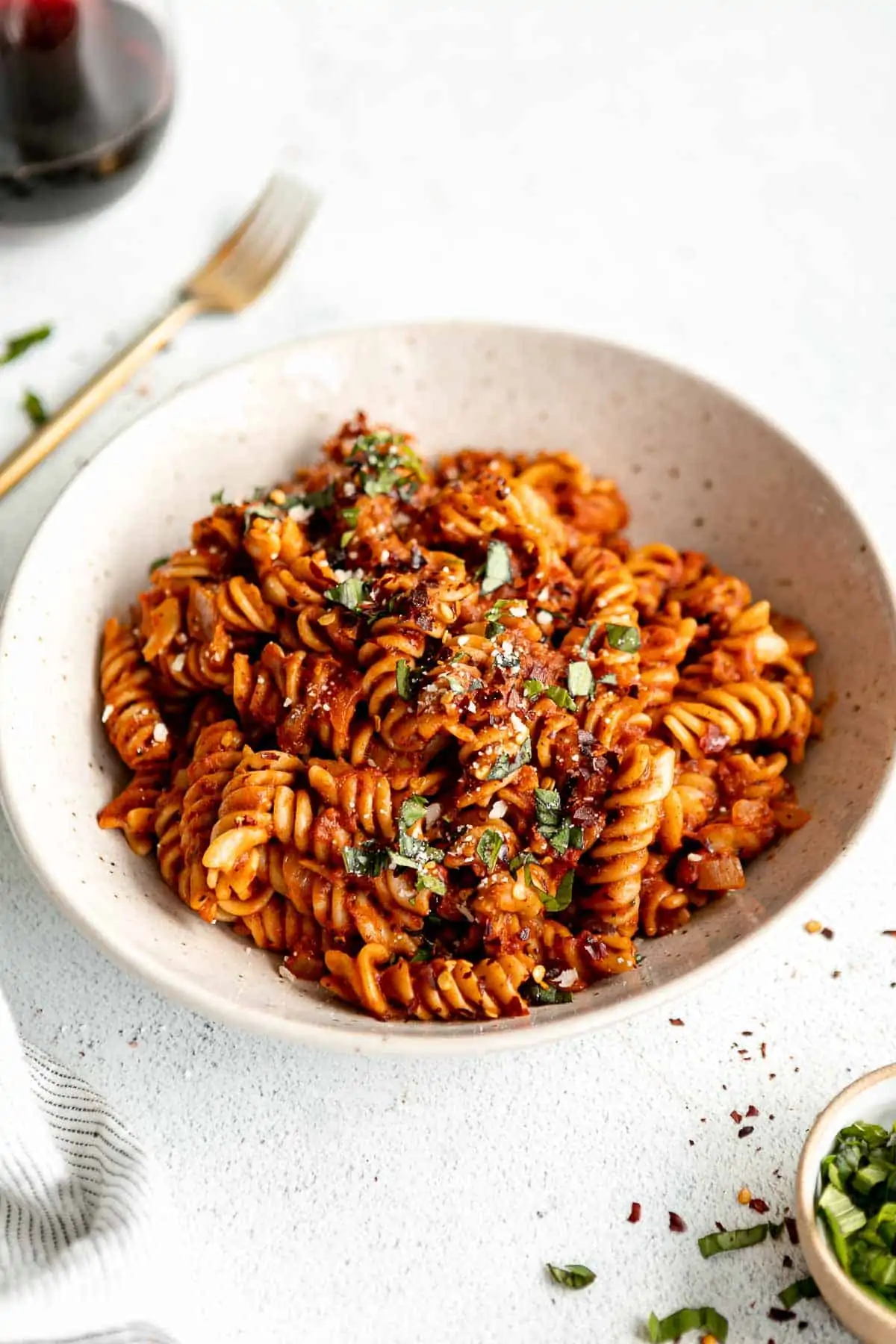 vegan instant pot pasta with red sauce in a bowl