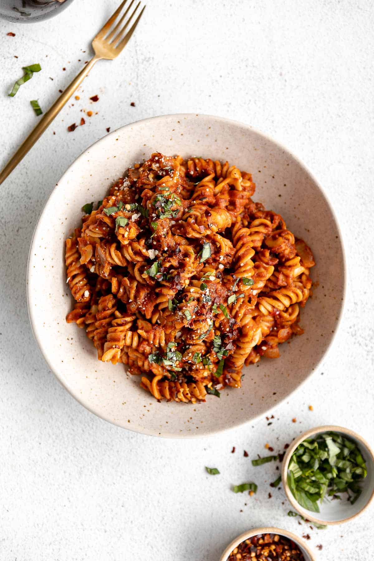 instant pot pasta with red pepper flakes on top in a bowl