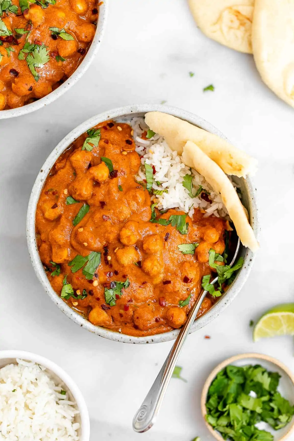 vegan chickpea tikka masala in a bowl with rice