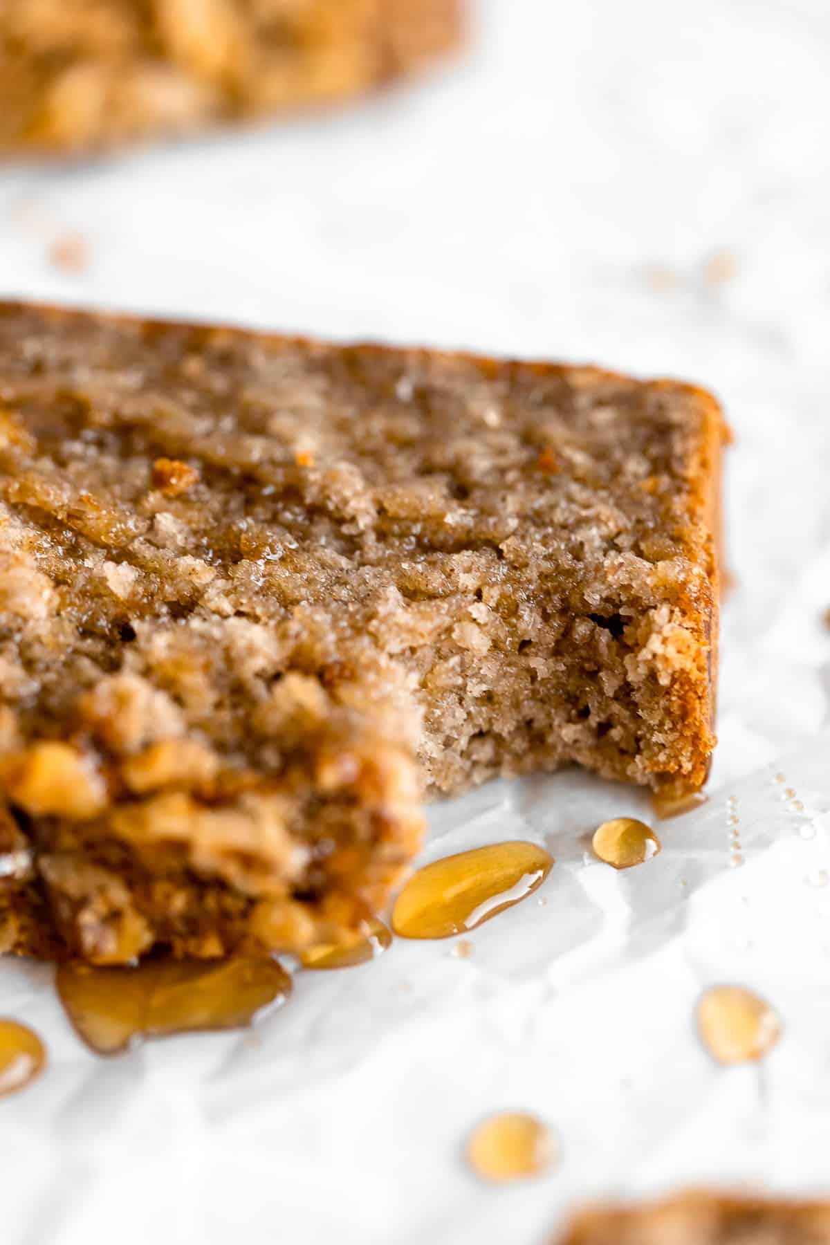 up close image of the banana bread with a bite taken out