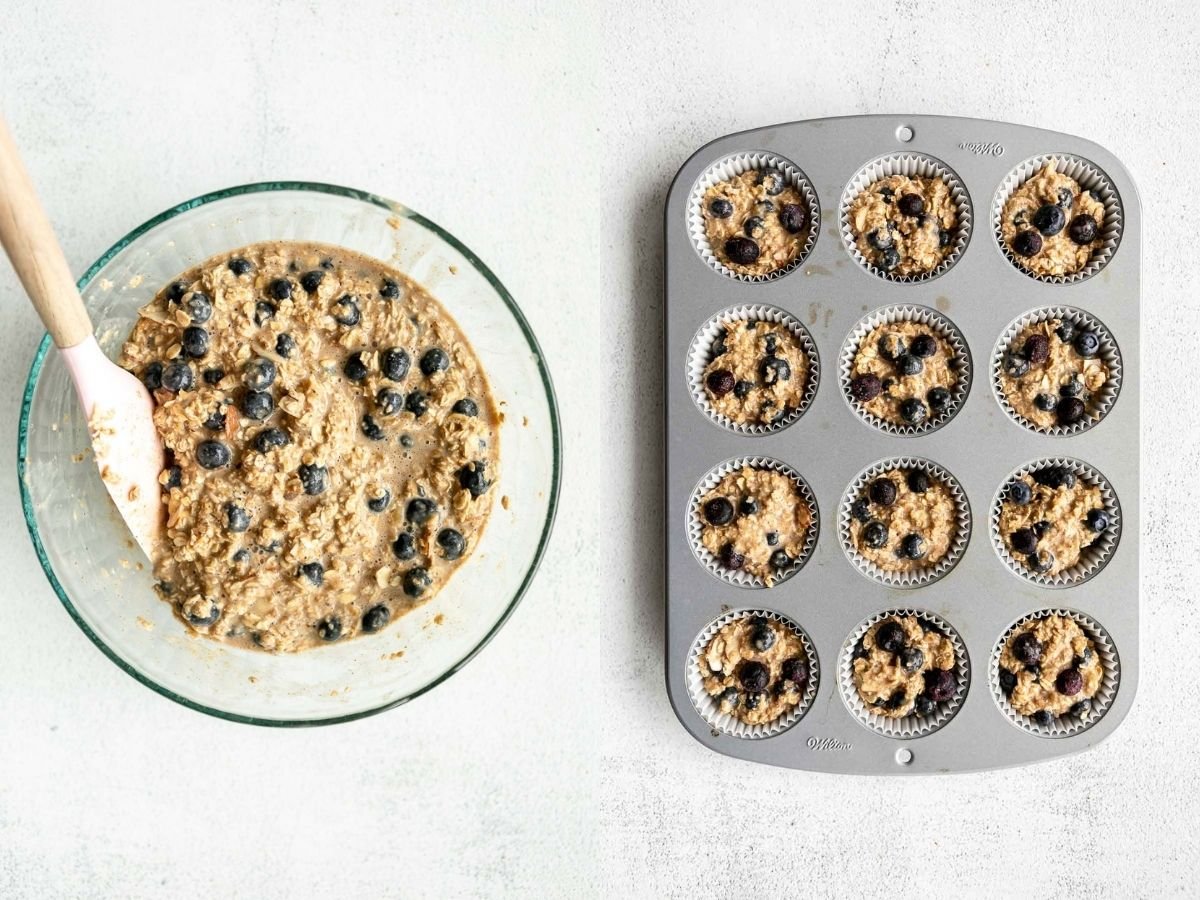 two images of the batter in a bowl and muffin tray
