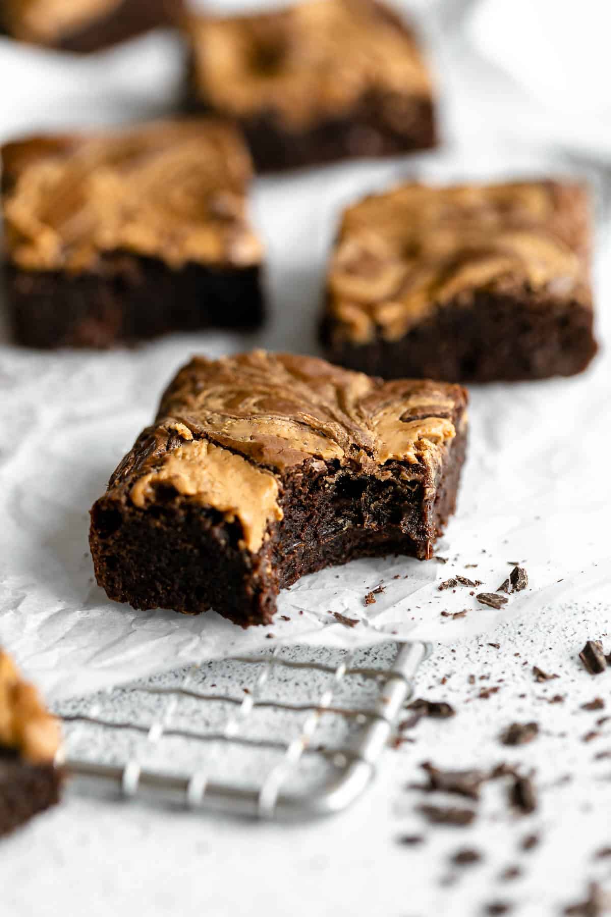 healthy peanut butter brownies with a bite taken out