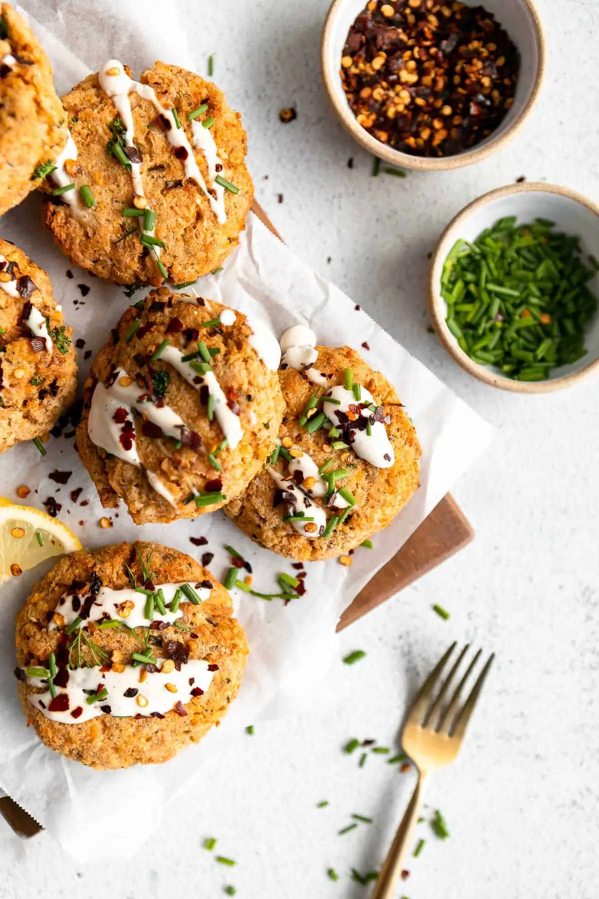 air fryer salmon patties with tahini dressing and chives