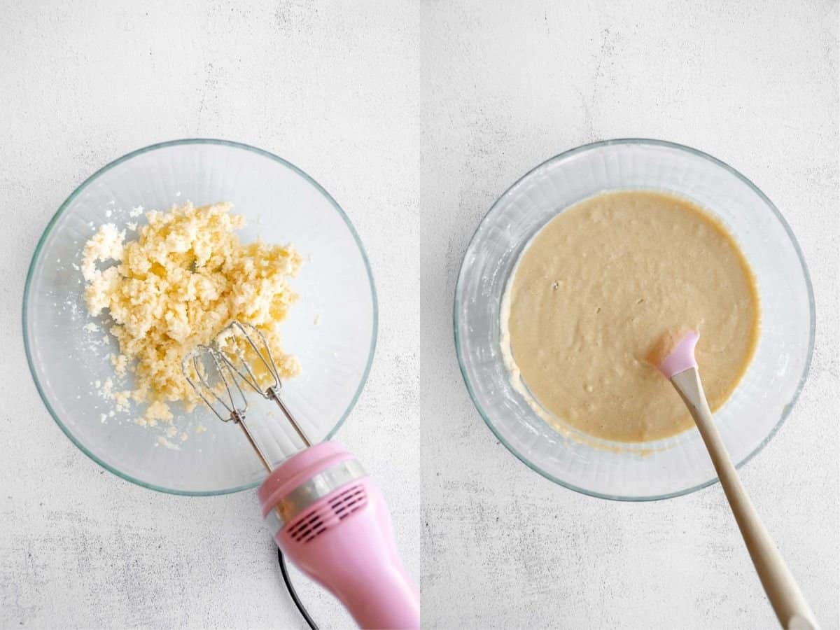 two photos showing how to mix the wet ingredients