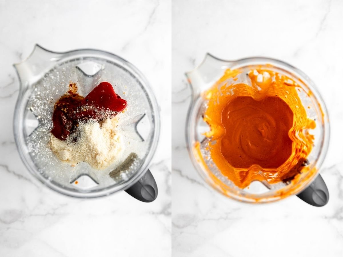 two images showing the sauce in the blender