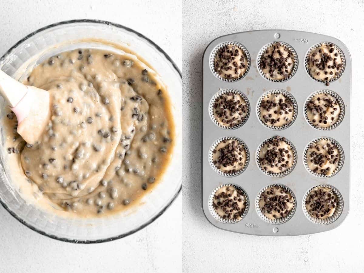 two photos of the muffin batter in a bowl