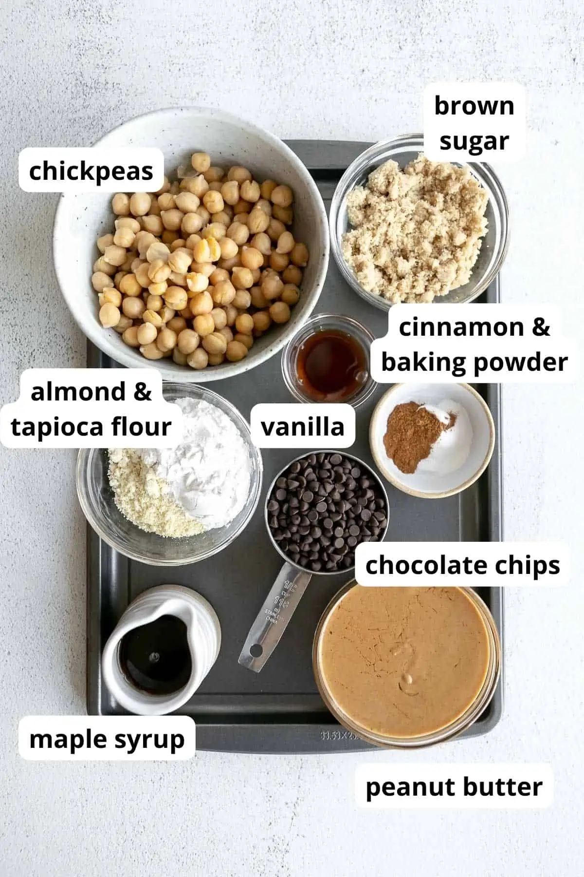 ingredients for the blondies labeled in bowls