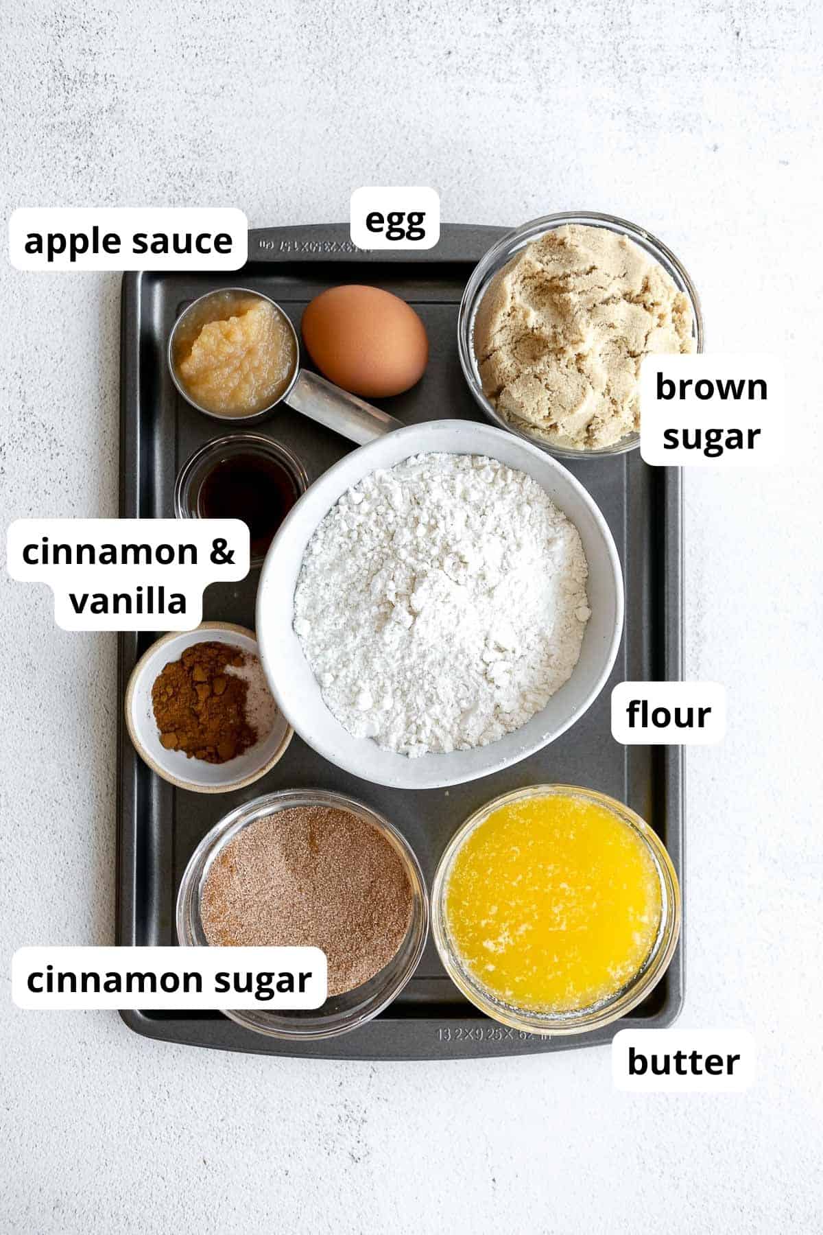 ingredients for the recipe arranged in bowls with labels