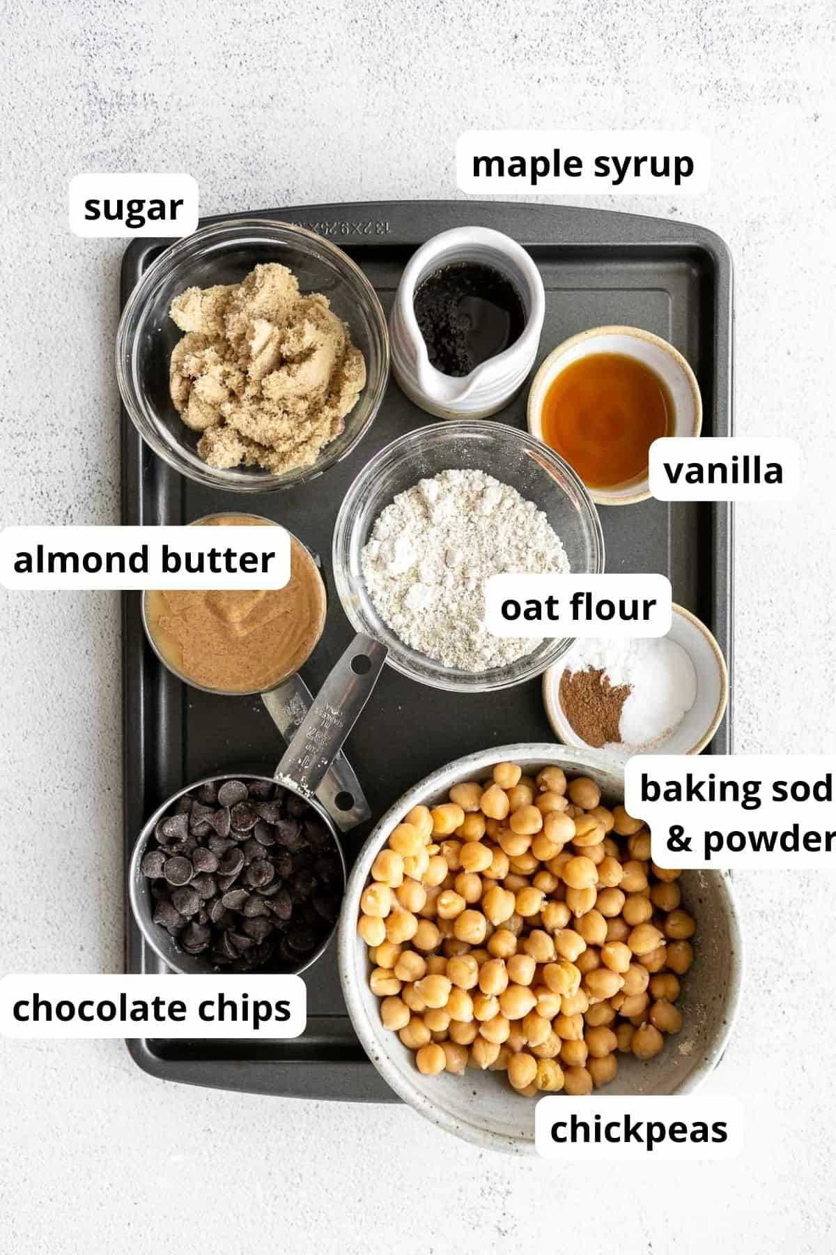ingredients for the cookies in bowls with labels