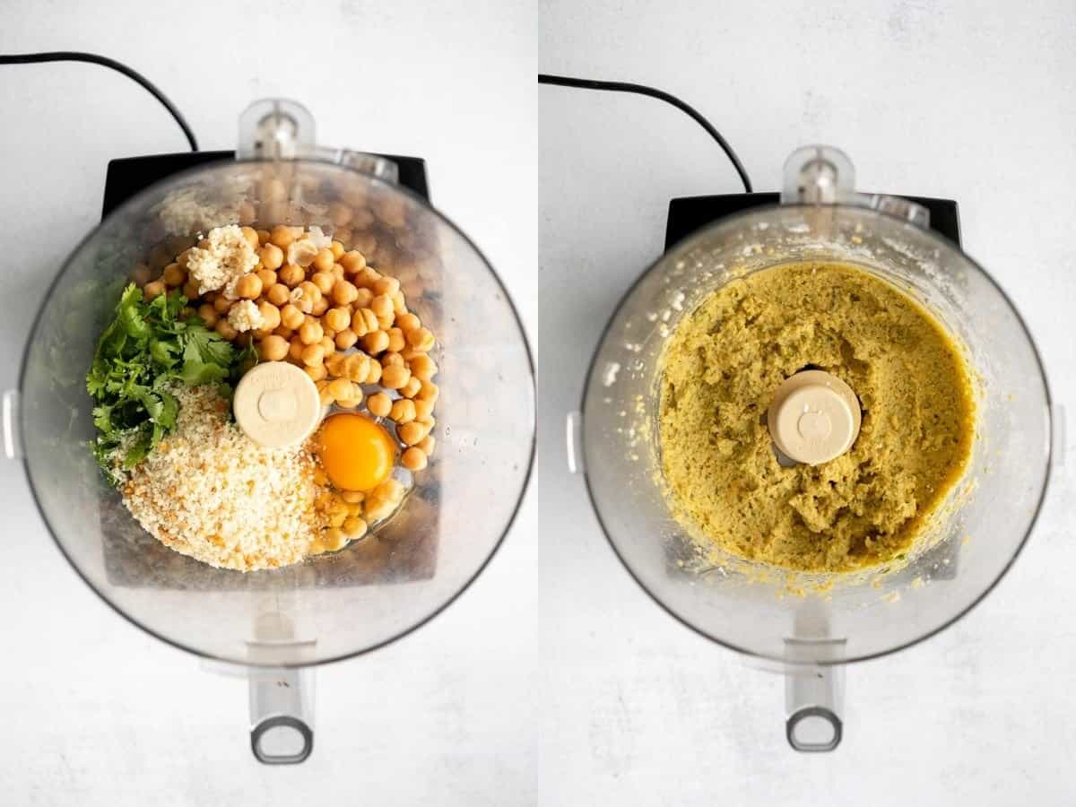 two images showing how to make the recipe in a food processor