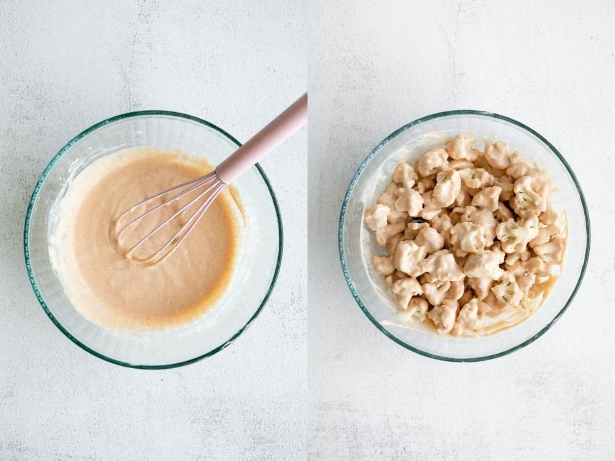 two images showing how to make the batter for the cauliflower