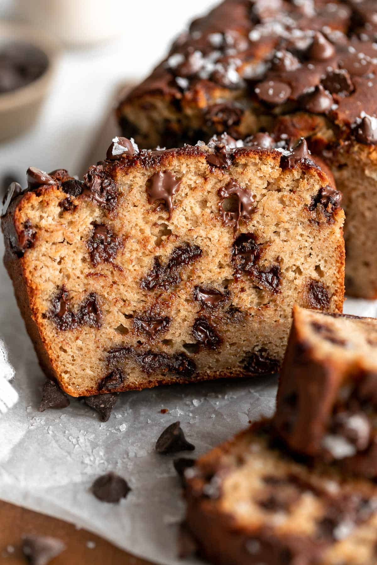 one slice of the healthy protein banana bread sliced with chocolate chips