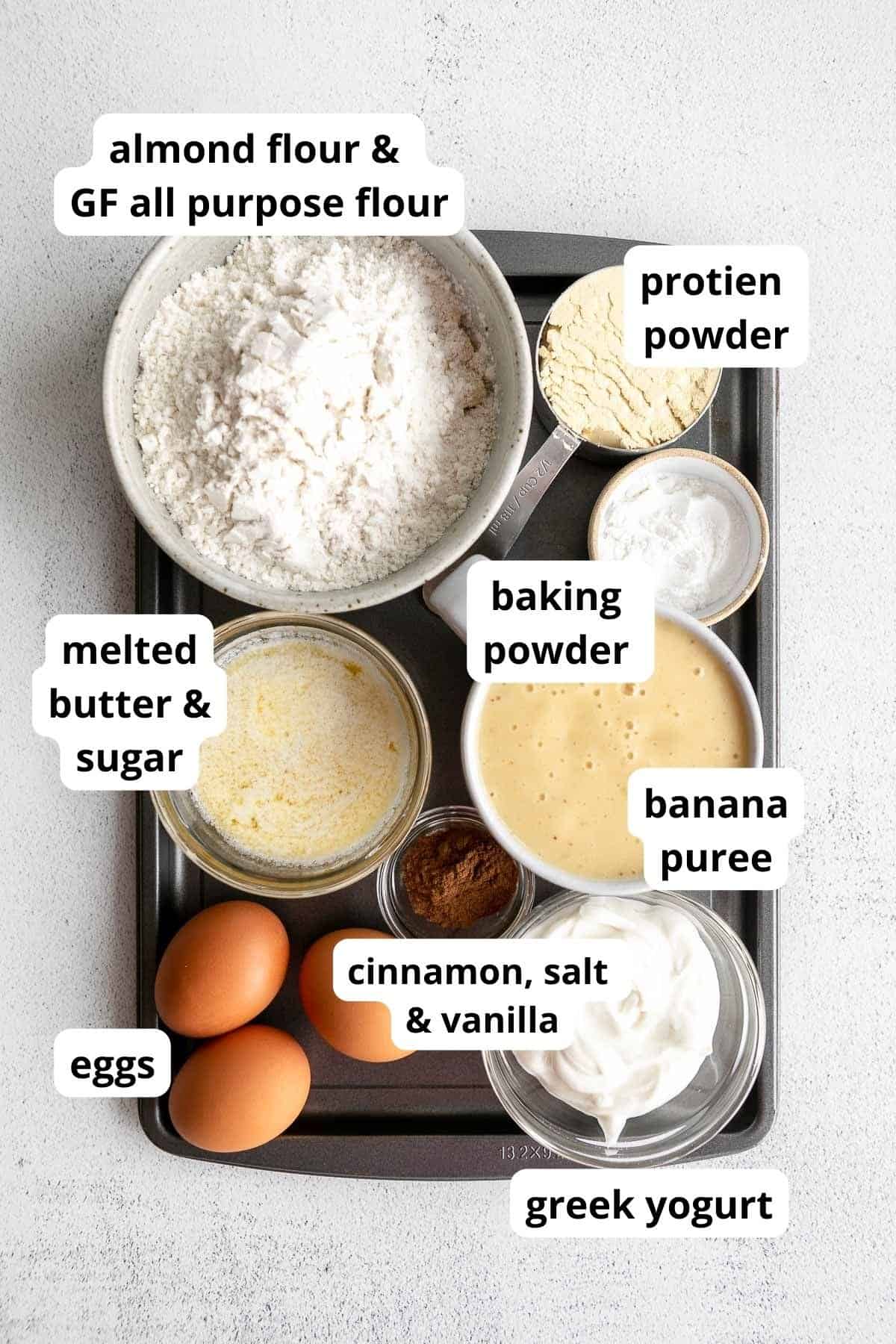 ingredients for the banana bread with labels