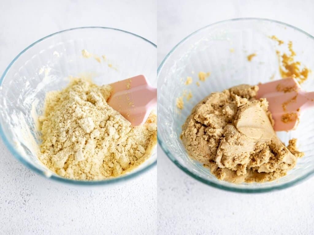 two images showing how to make the cookie dough in a bowl