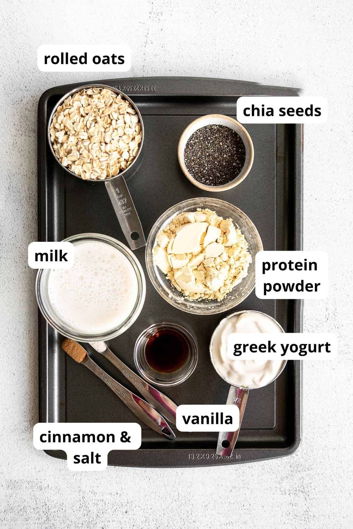 ingredients for the recipe in bowls with labels on the side