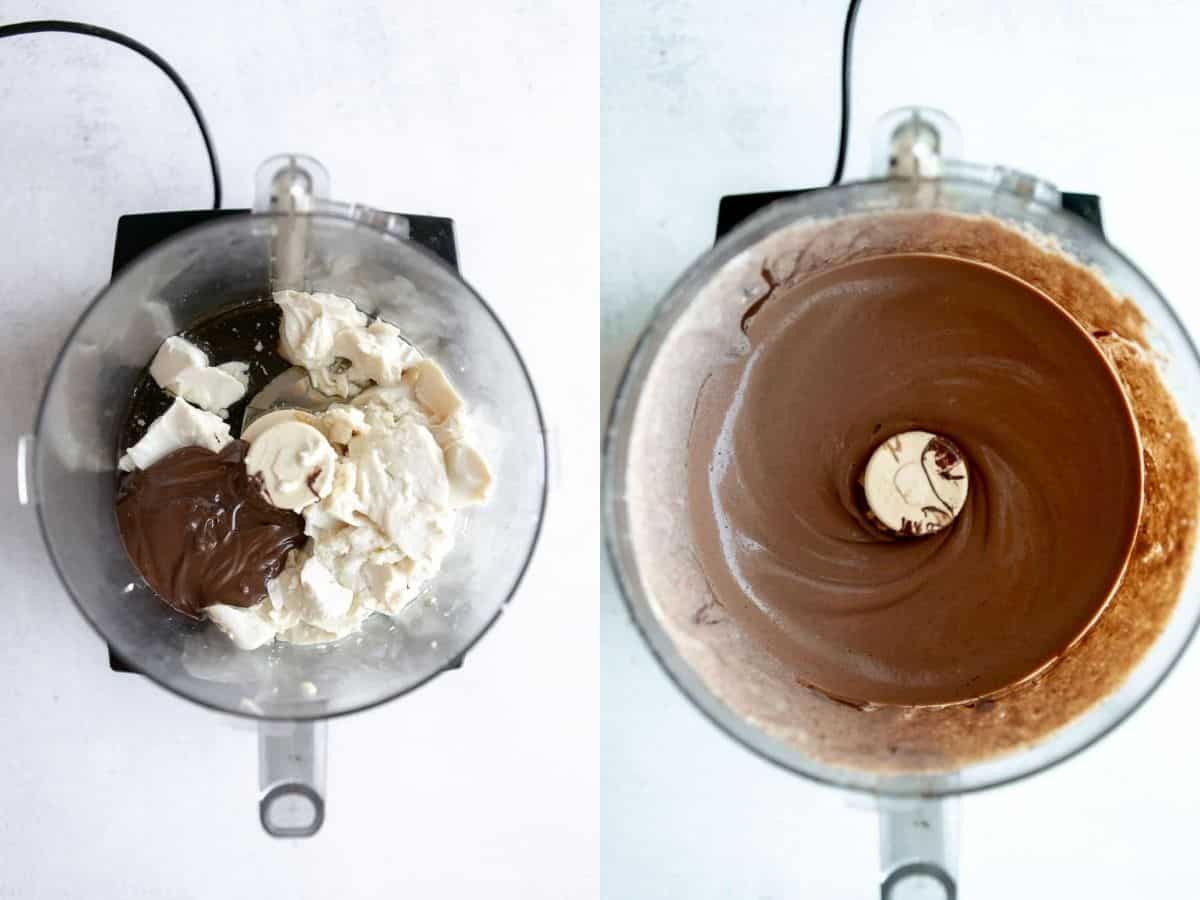 tofu chocolate mousse in a food processor before and after blending