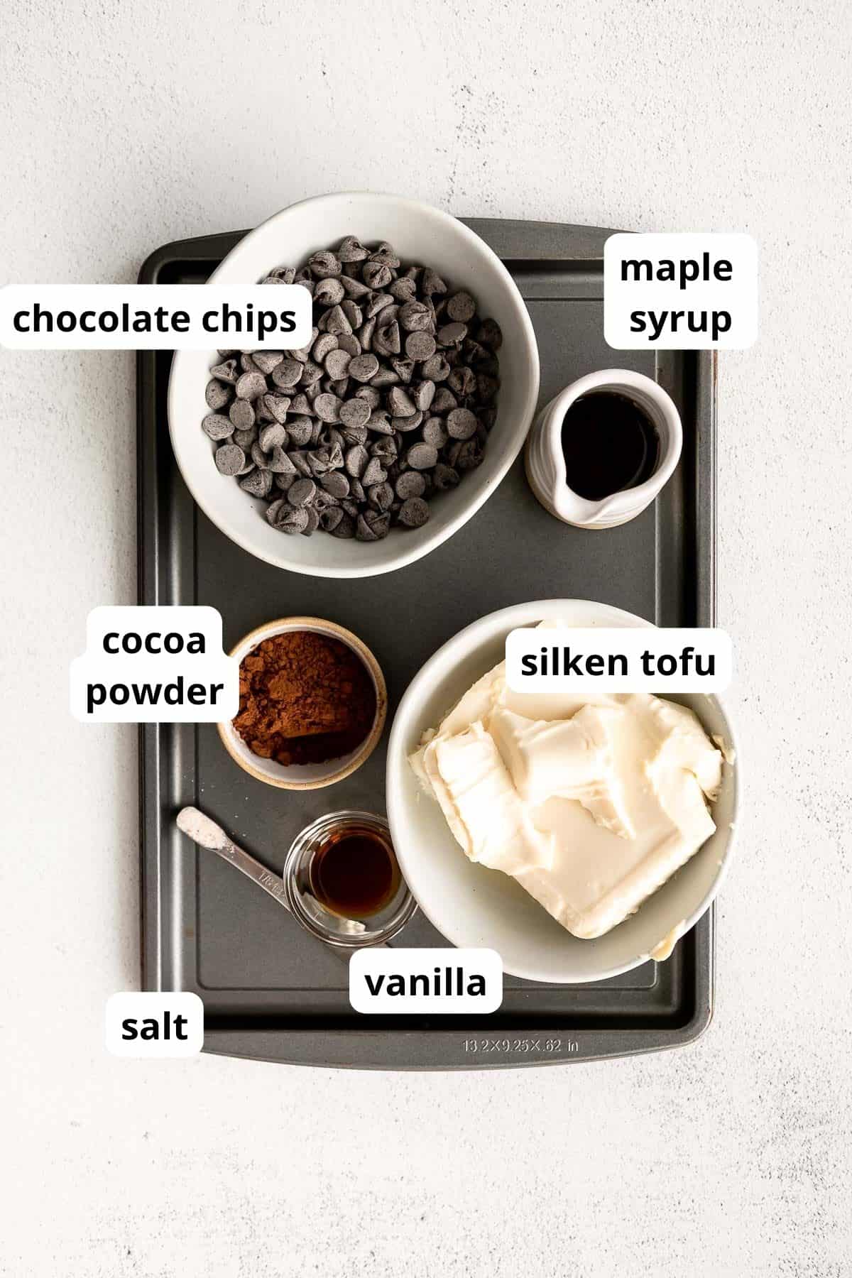 ingredients for the recipe in bowls with labels