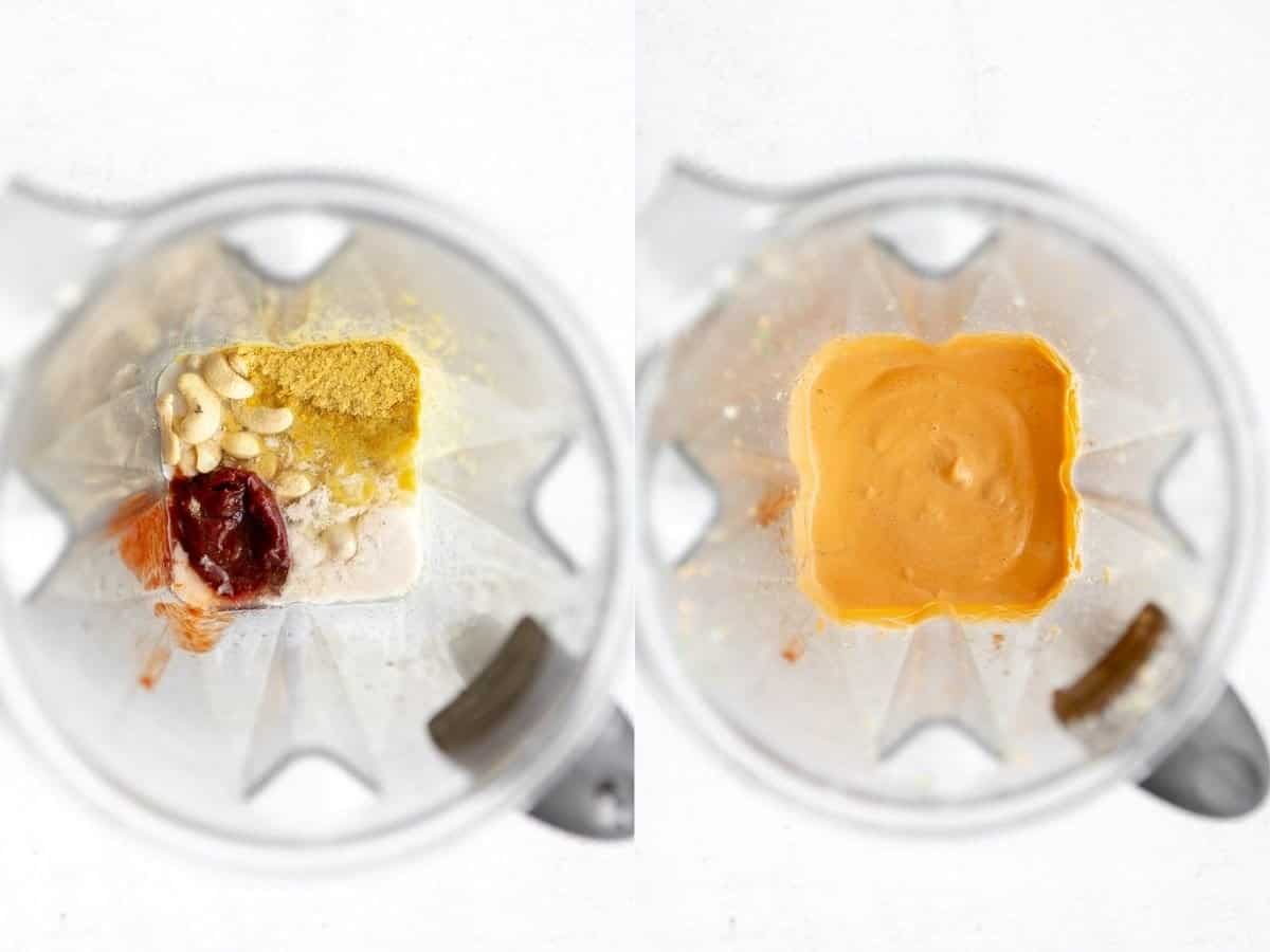 two images showing how to make the sauce in a blender