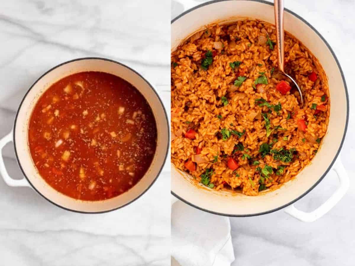 two photos showing how to make the rice