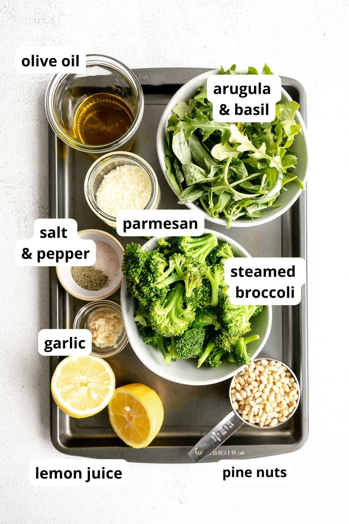 ingredients for the pesto in bowls with labels