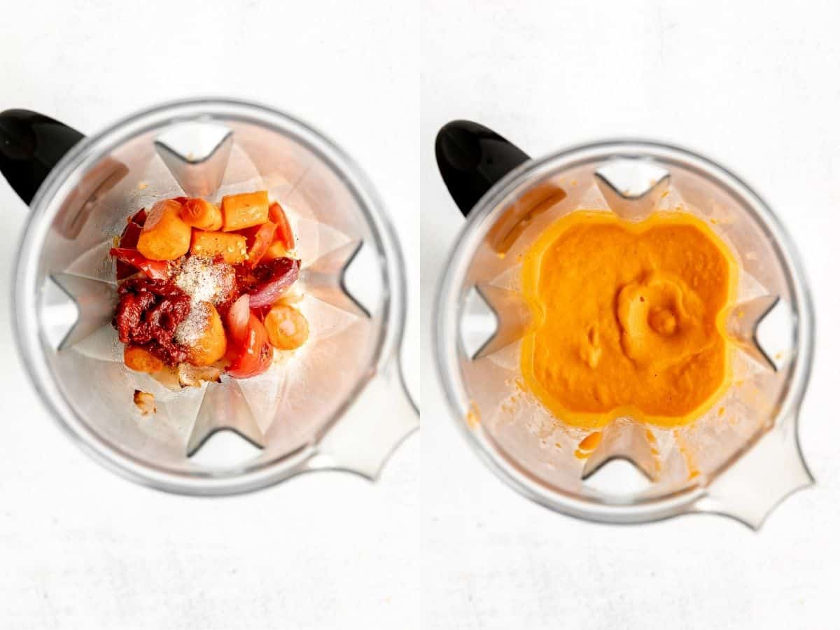 two images showing how to make the sauce in a blender