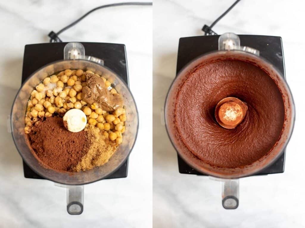 two images showing how to make the recipe in a food processor