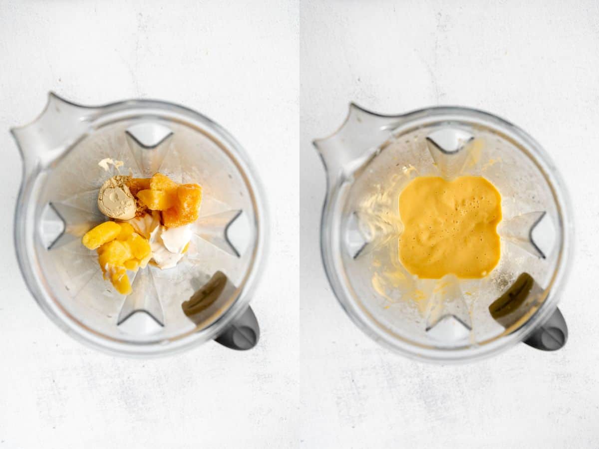 two images showing how to make the recipe in a blender