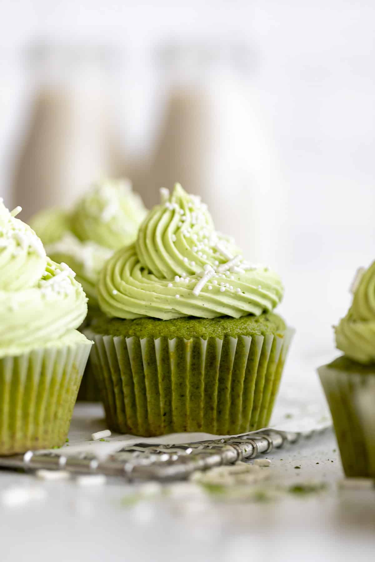 matcha cupcakes with buttercream and sprinkles
