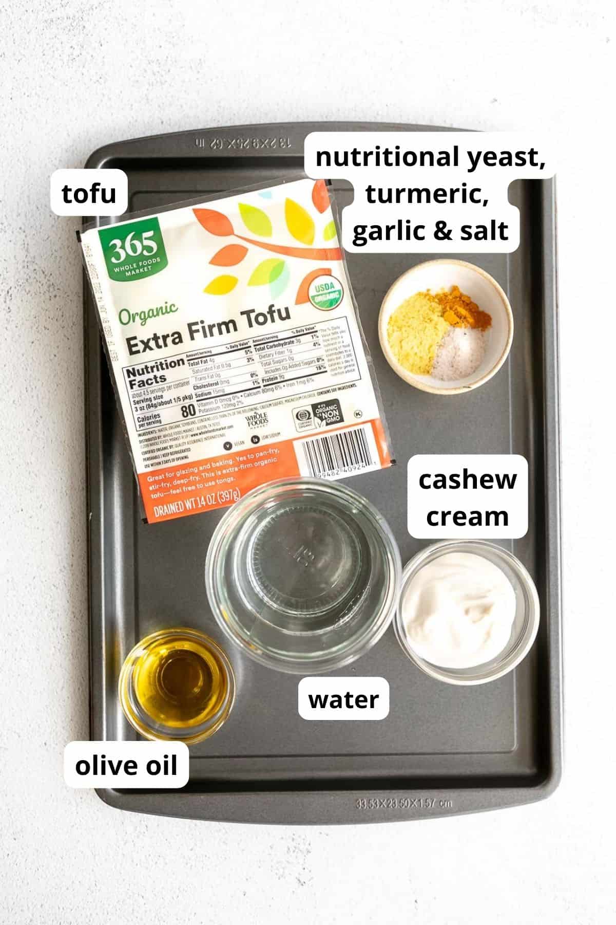 ingredients on a pan with labels