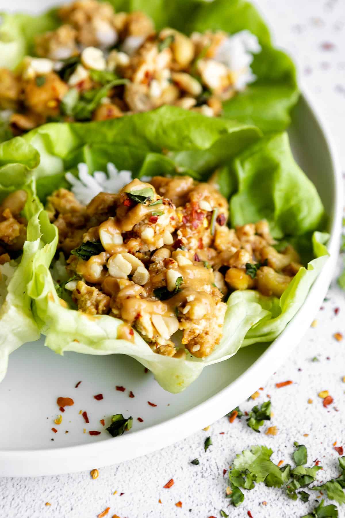 vegan and vegetarian lettuce wraps with peanut tofu and white rice