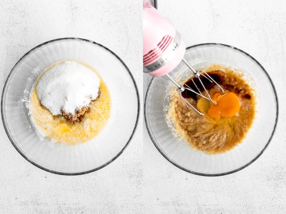 two images showing how to mix the wet ingredients together