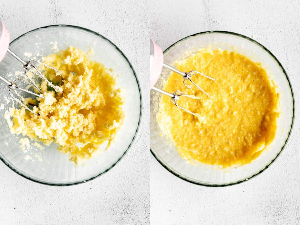 two images showing how to mix the wet ingredients together