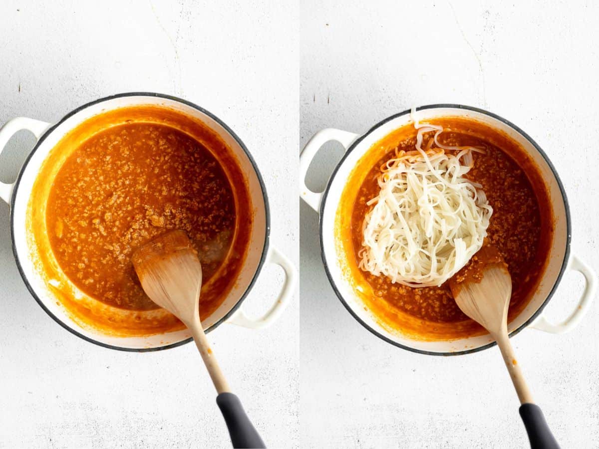 two images of the noodles getting added to the sauce