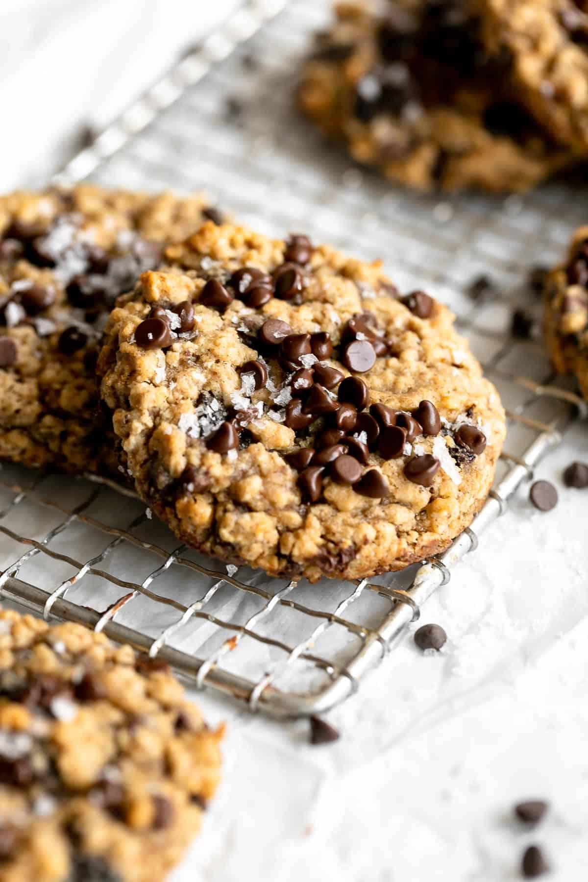vegan oatmeal raisin cookies with chocolate chips and sea salt