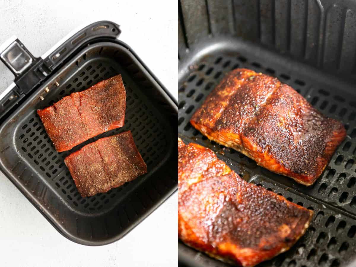 two images showing the salmon before and after cooking