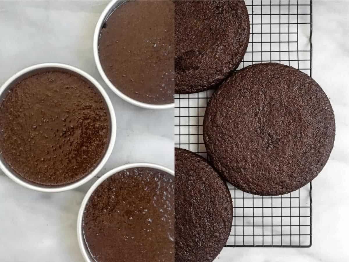 Cakes before and after baking in cake pans.