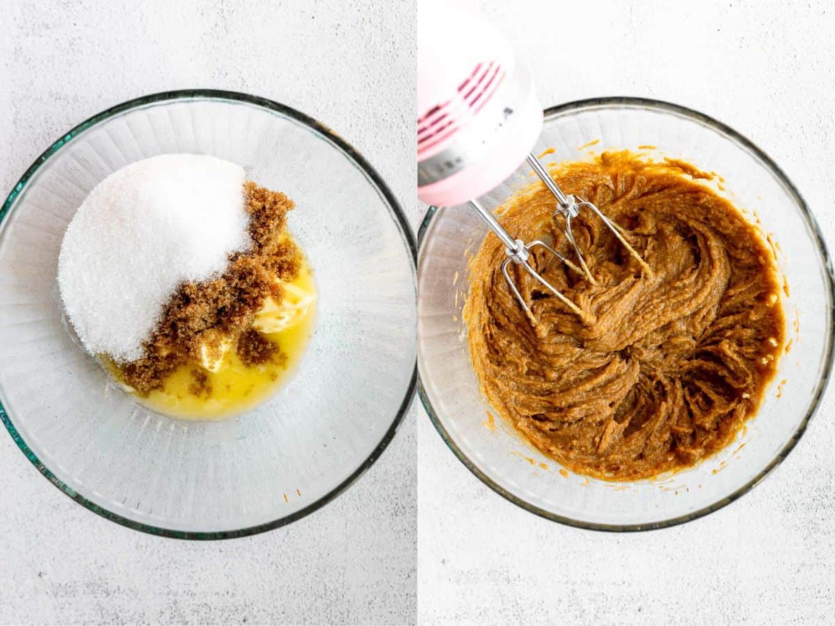 two images showing how to mix the wet ingredients