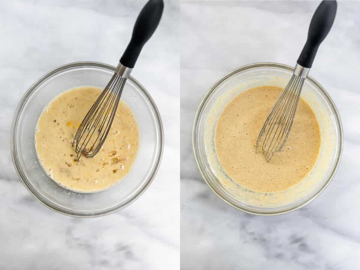 Two images showing how to make the batter.
