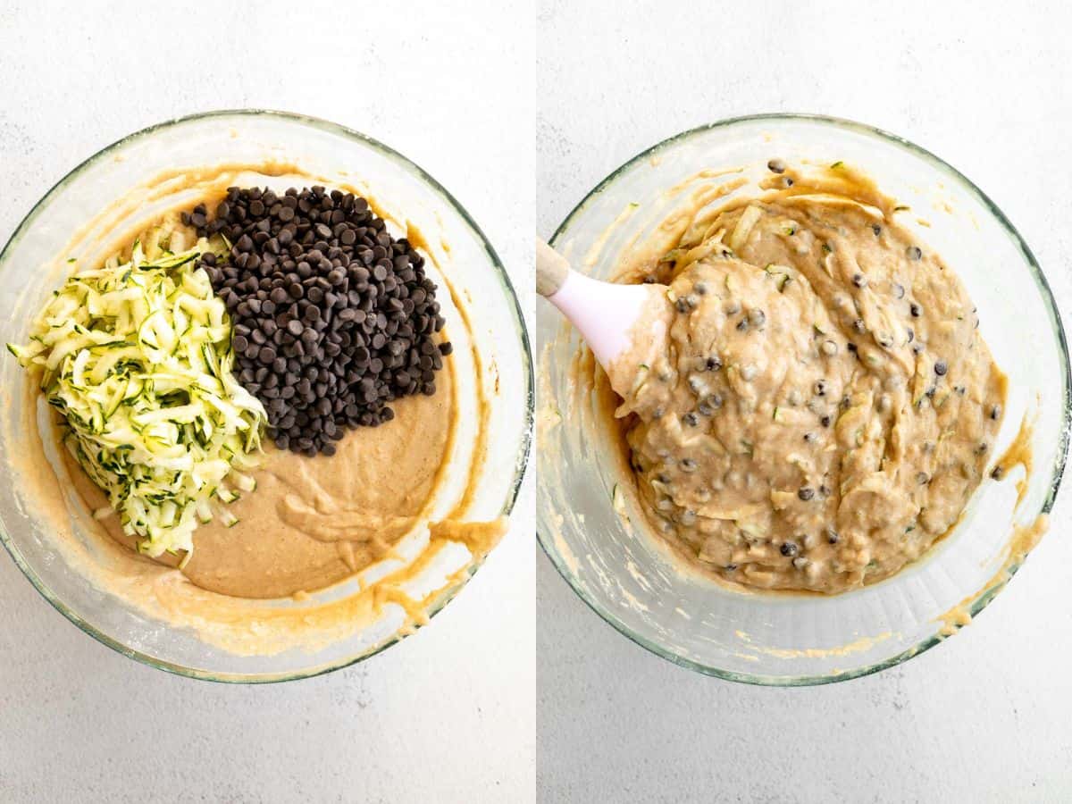 two images showing how to add the zucchini and chocolate chips